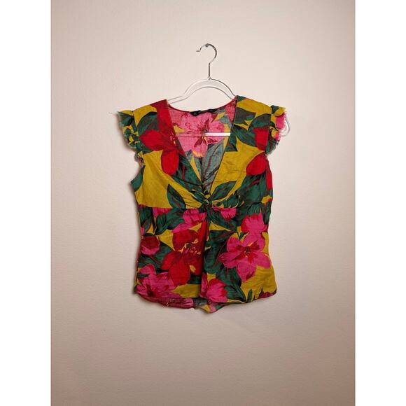 Zara Tops - Zara Basic 100% Linen Tropical Floral Twist Front Top